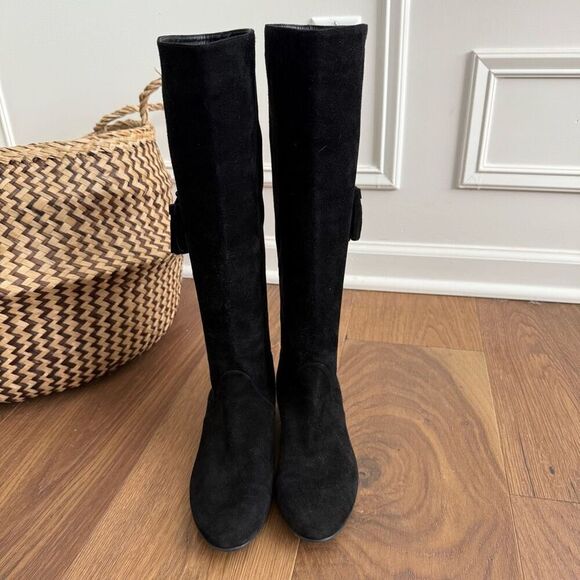 Stuart Weitzman Boot Tass Hidden Wedge Black Suede Gold Zipper Boot $695 6.5 - Picture 3 of 9